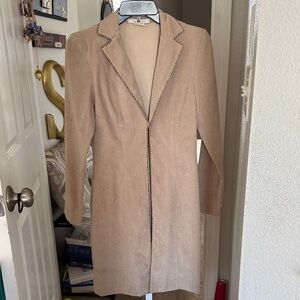 Suede Long Coat with Decorative Stitching - Beige